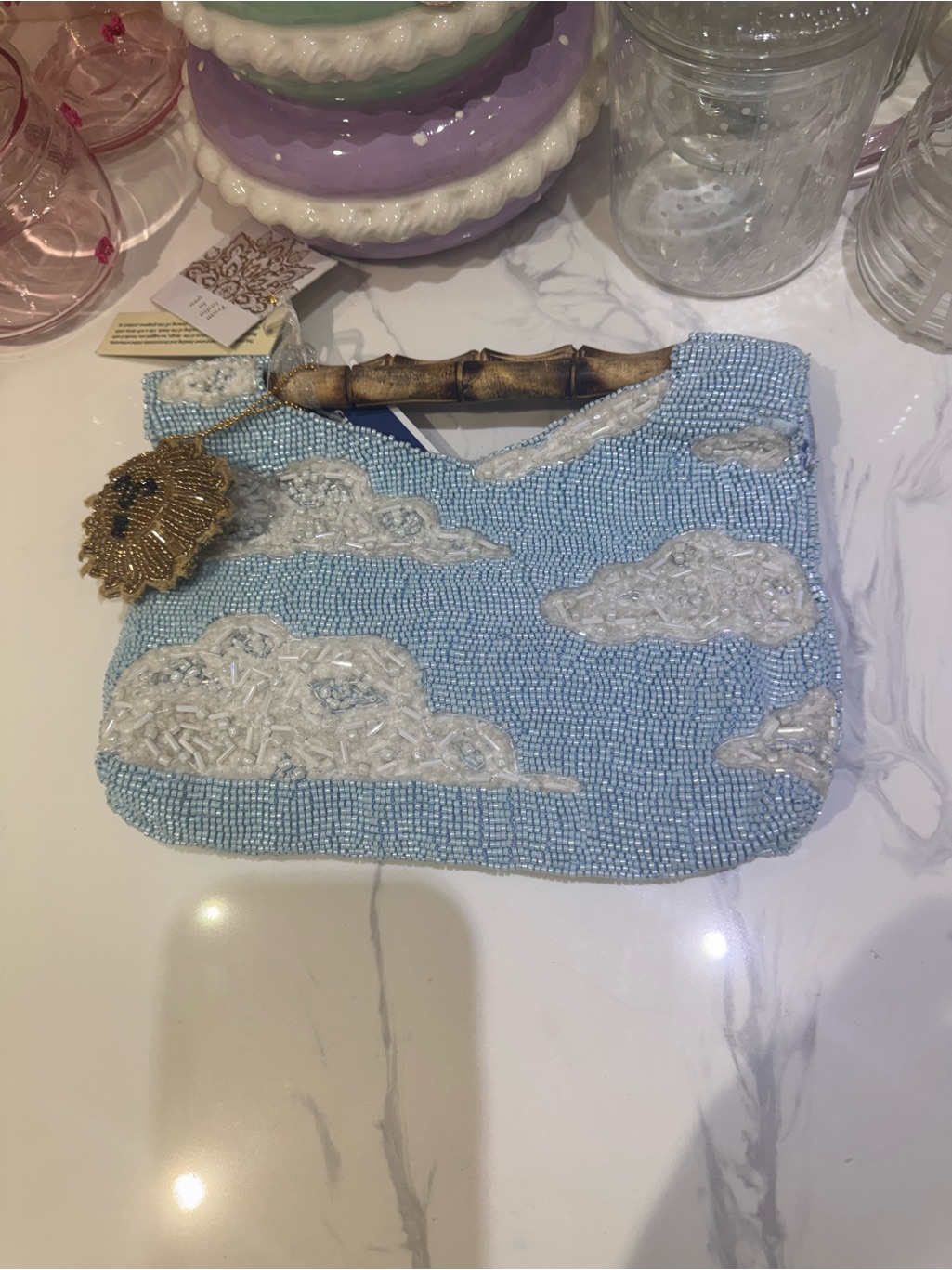Beaded Sky Cloud Handbag With Bamboo Handle - Light Blue